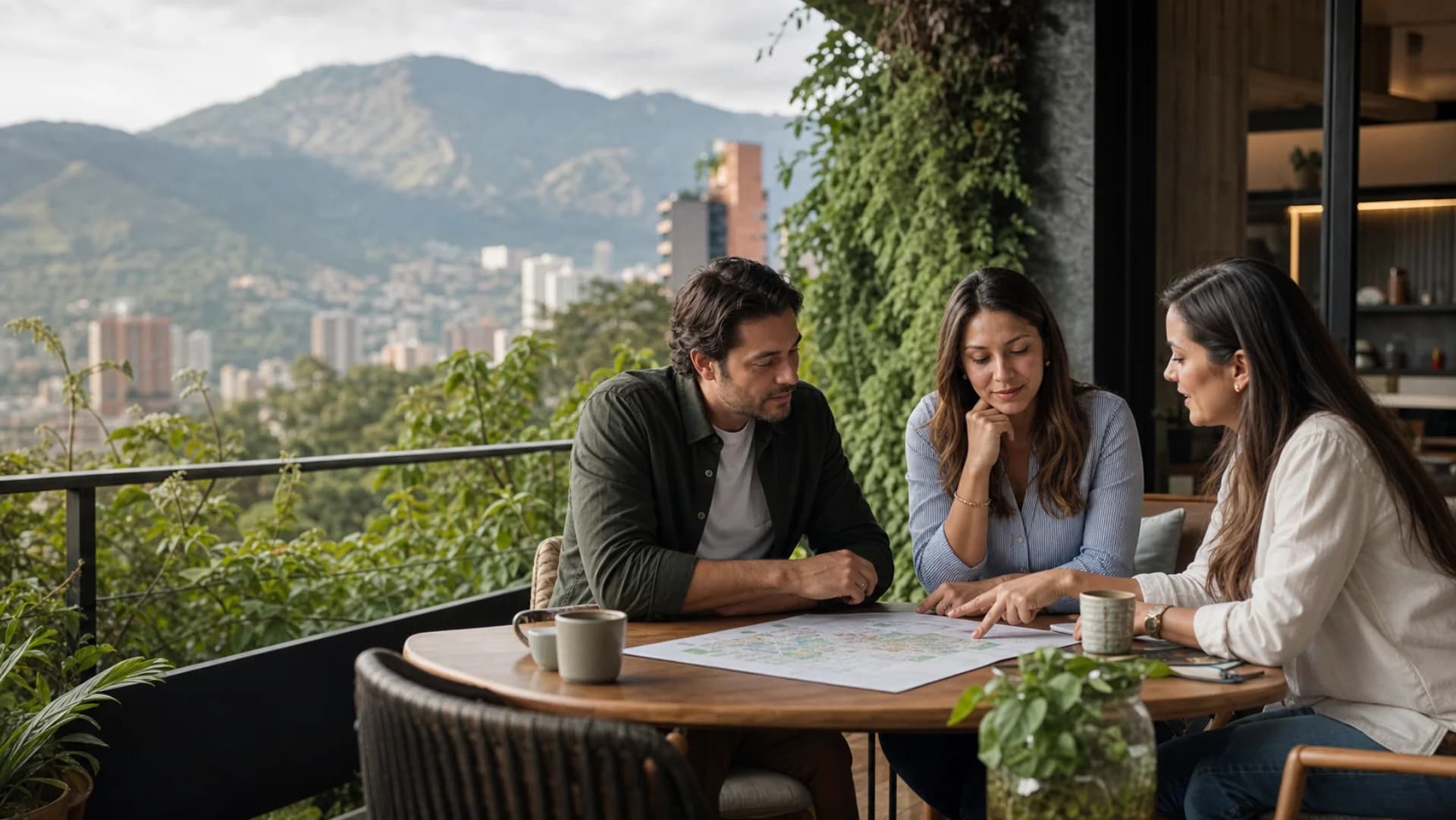 Una asesora inmobiliaria orientando a dos clientes en Medellín
