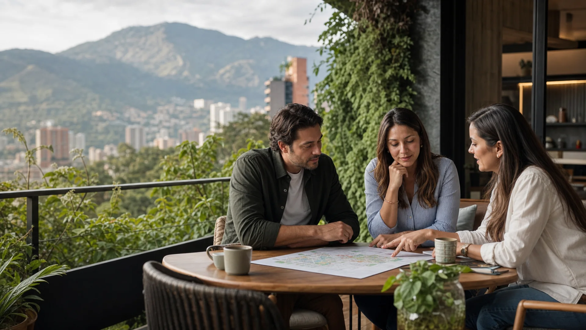Una asesora inmobiliaria orientando a dos clientes en Medellín